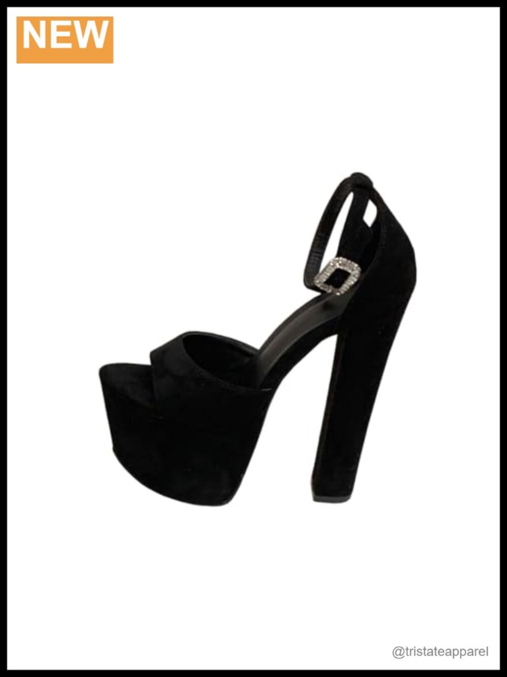 Black Faux Leather Platform Heels 6.3 Inch Open Toe Ankle Strap